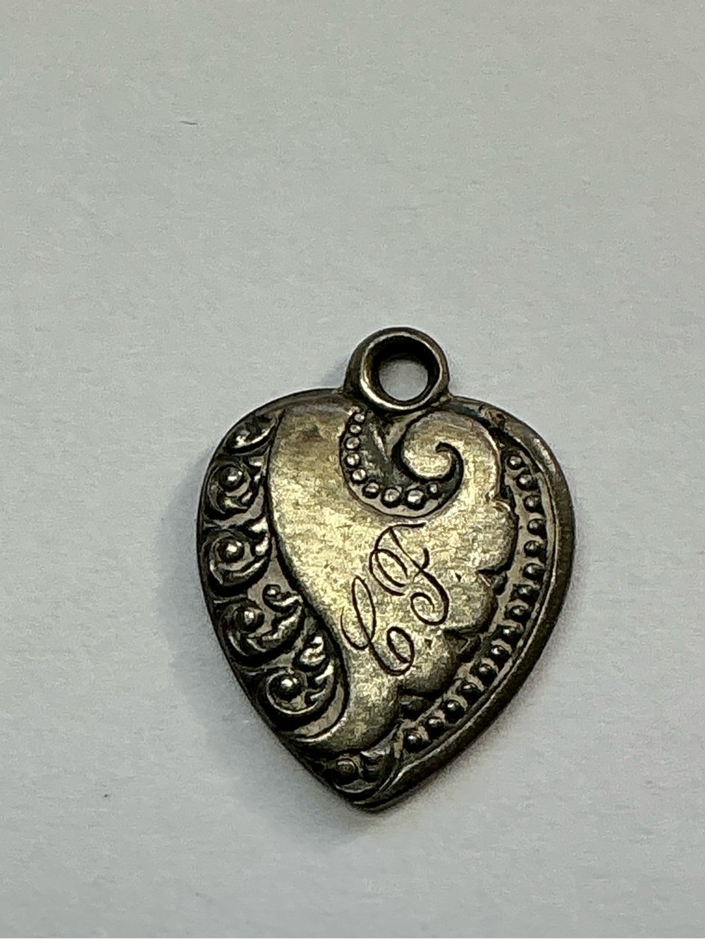 Vintage Sterling Silver Art Nouveau Heart Pendant Charm with Scroll Detailing